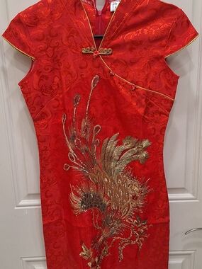 Red Embroidered Cheongsam Dress with Gold Accents